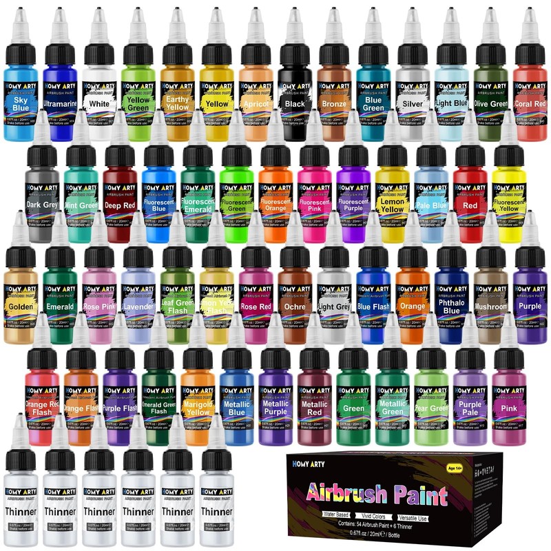 HOMY ARTY Airbrush Paint – 0.67 Fl Oz (Pack of 60), 54 Colors with 6 Thinner