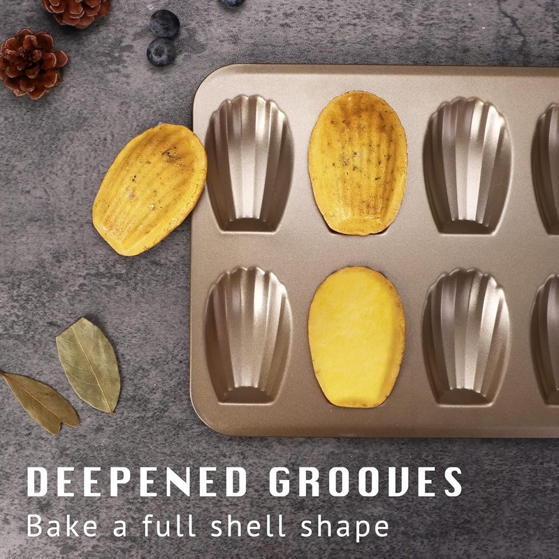 HONGBAKE Nonstick Madeleine Pan 2 Pack 12-Cavity Heavy 2 pack, Champagne Gold gallery