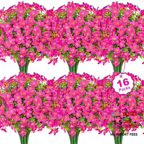 16 Bundles Artificial Flowers for Outdoors Decoration Fake Silk Flowers Fuchsia