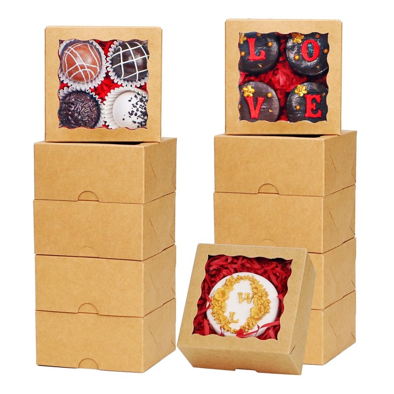 100 PCS 4x4x2 Inch Brown Cookie Boxes Window Bakery Pastry Treat Mini Cake
