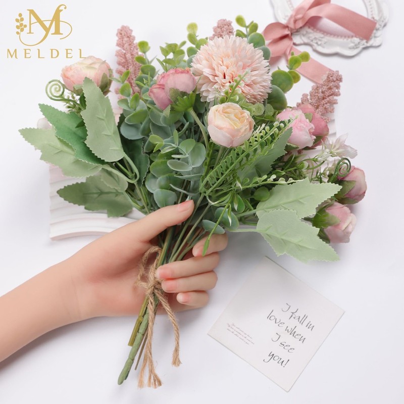 Meldel 3Pcs Rose Bouquet Pink Artificial Flowers Eucalyptus Plants Fake Silk gallery