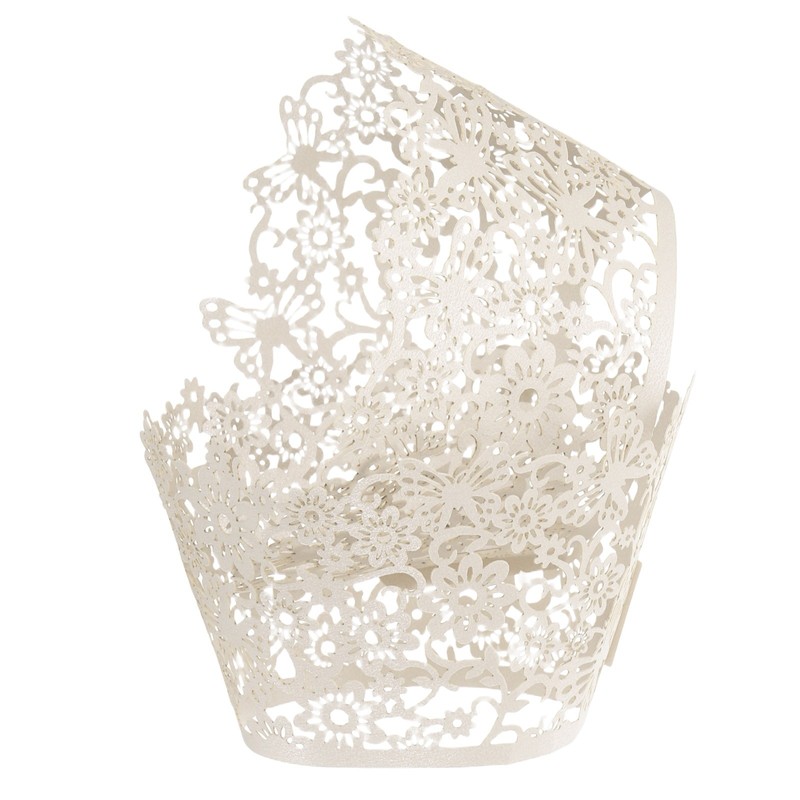 50Pcs Lace Cupcake Liners Hollow Butterfly Cupcake Wraps White