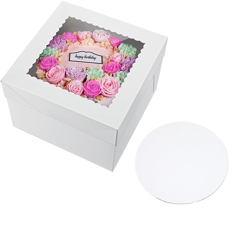 4 Pack 10x10x8 Inch White Bakery Cake Boxes Window With Boards Square Treat Set