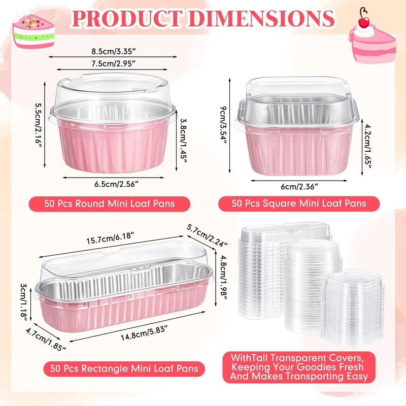 150 Set Pink Mini Cake Pans with Lids, 6.8oz & 5oz Aluminum Foil Baking Cups ... gallery