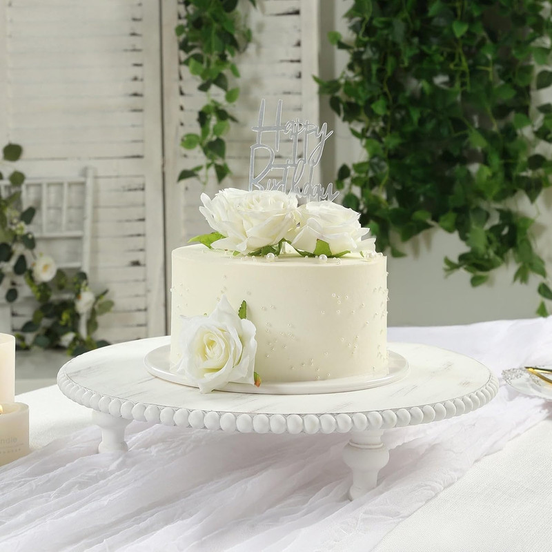 16" Antique White Beaded Wooden Cake Stand - Rustic Farmhouse Pedestal Riser for gallery