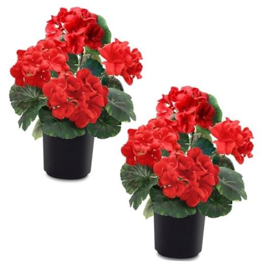 2 Pack Artificial Geraniums Fake Flowers for Outdoors Summer Decoration, Red
