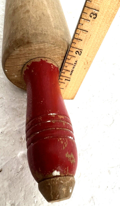 Vintage Art Deco 1940s Country Kitchen Wooden Rolling Pin Original Red Handles gallery