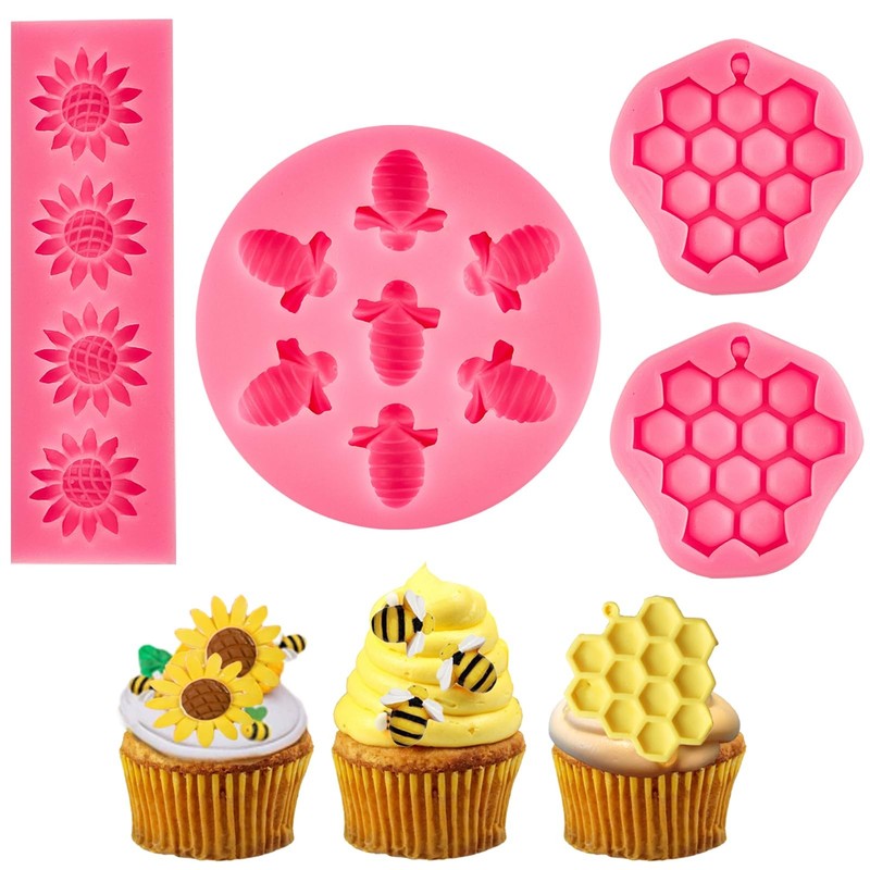 4 Pieces Bumble Bee Silicone Mold Honeycomb Sunflower and Bee Fondant Molds f…