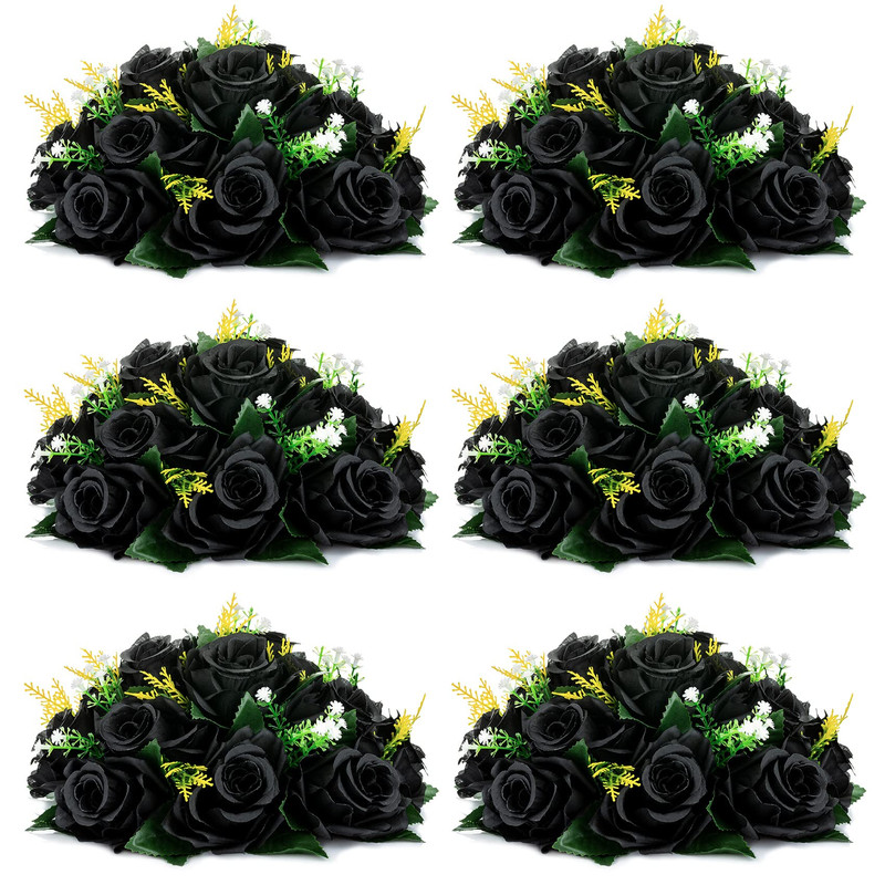 Nuptio Black Artificial Roses Flowers 6 Pcs Fake Flower Bouquet Halloween