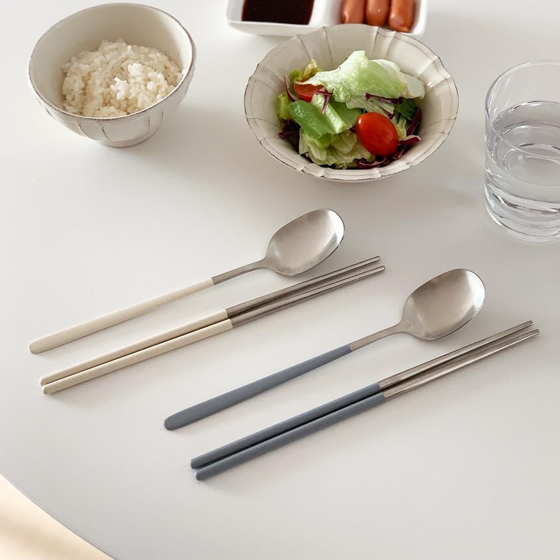 KoreanStyle Cutlery Spoon Chopsticks Set 304 Stainless Steel 2 PCS Ivory gallery