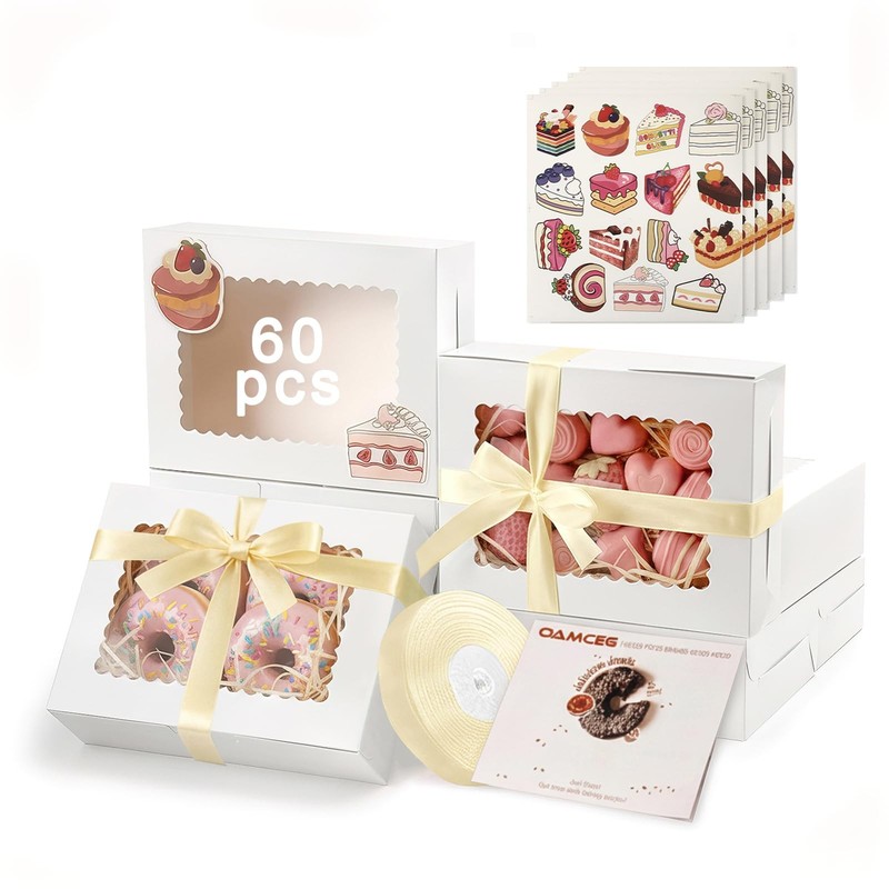 60 PCS 8x6x2.5 Inch White Cookie Box Window Bakery Treat Gift Case Donut
