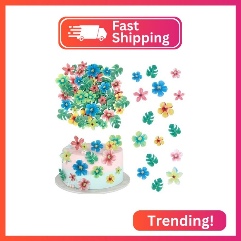 Rsstarxi 83 Pack Edible Tropical Palm Leaves Flowers Cupcake Toppers Decorations