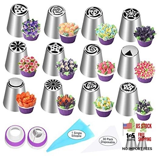47 Pcs Russian Piping Tips Set, 12 Flower Frosting Nozzles Icing 47 pcs set