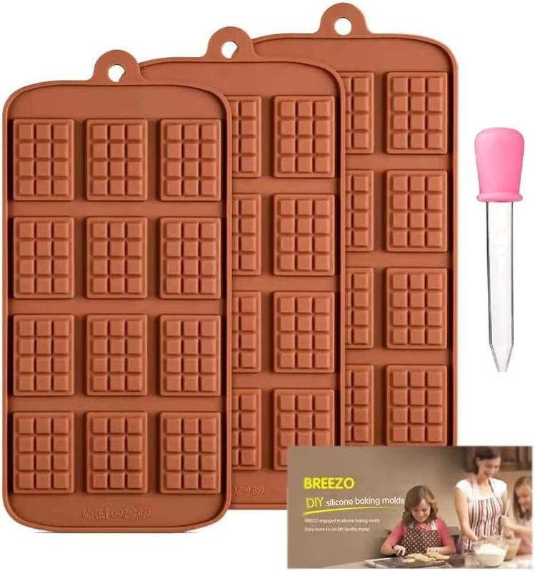 Silicone Waffle Chocolate Molds Set, 3-Piece Non-Stick Candy Molds with Dropper
