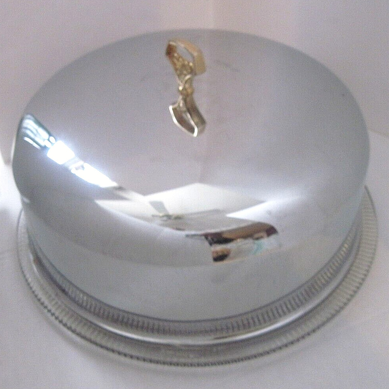Vintage Cake Holder Silver Metal Aluminum Cover with Brass Knob Glass Plate Mint
