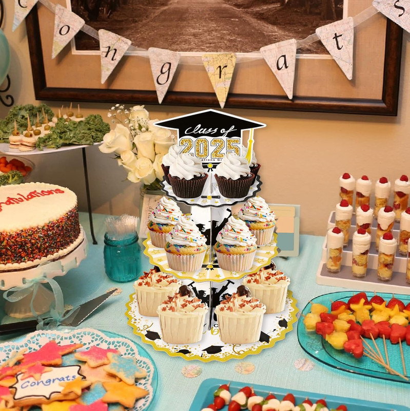 Set of 2 Graduation Cupcake Stand for 50 Cupcakes Black Gold Graduation Cap D... gallery