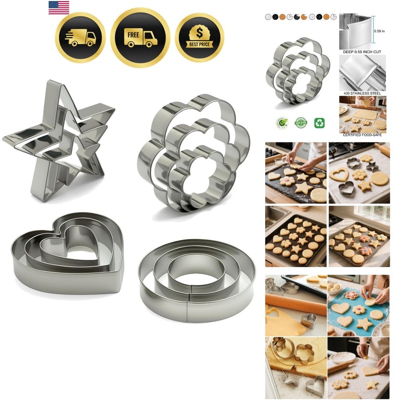 Metal Cookie Cutters Set of 12 – Heart, Flower, Round, Star Shapes | Stainles…