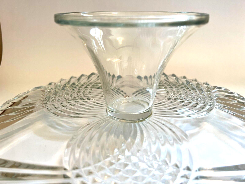 Vintage Clear Cut Glass Cake Stand on Pedestal Unique 3-Leaf Trefoil Pattern gallery