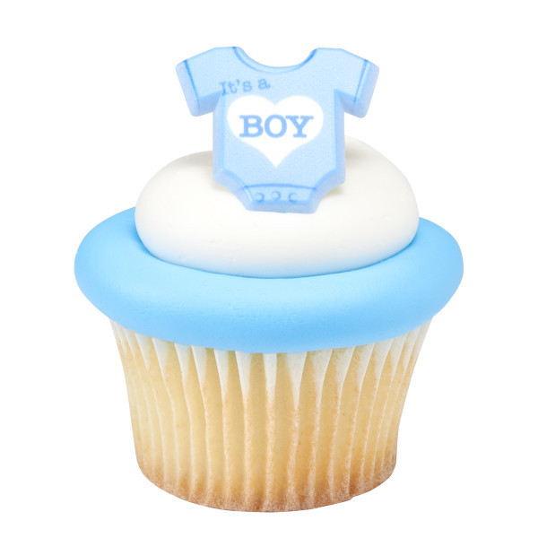 12 It's a Boy Blue Bodysuit Cupcake Rings Baby Shower Gender Reveal Party Favor gallery