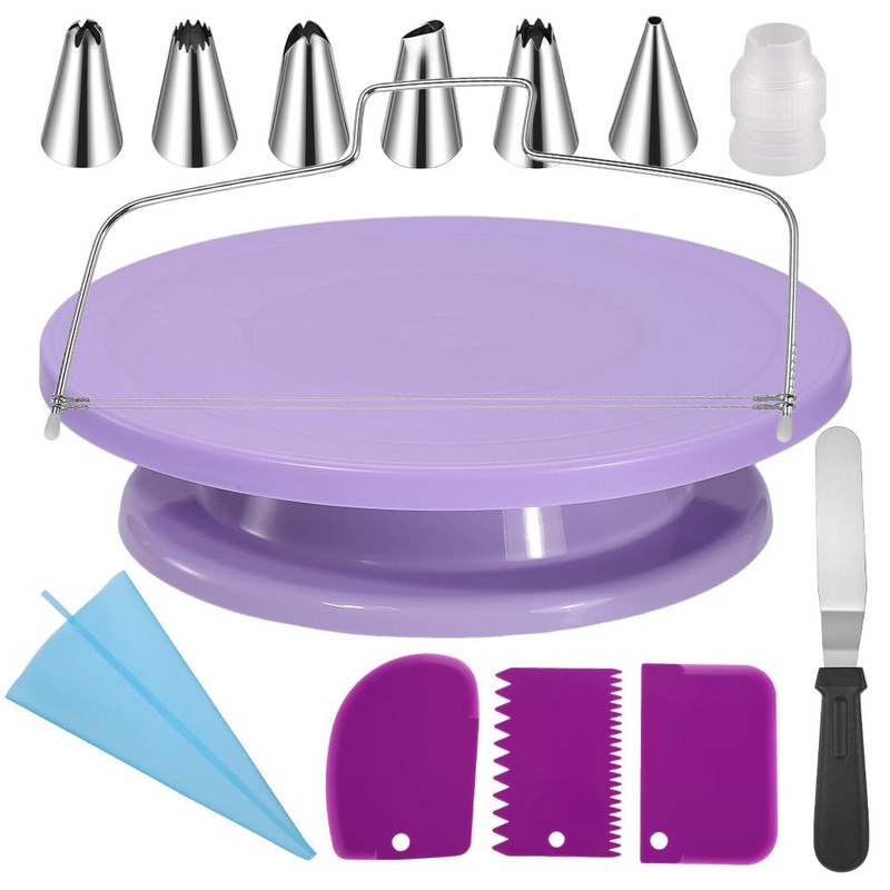 Cake Stand Rotating Turntable kit with Reusable Piping Bag and Piping Tips,Of…