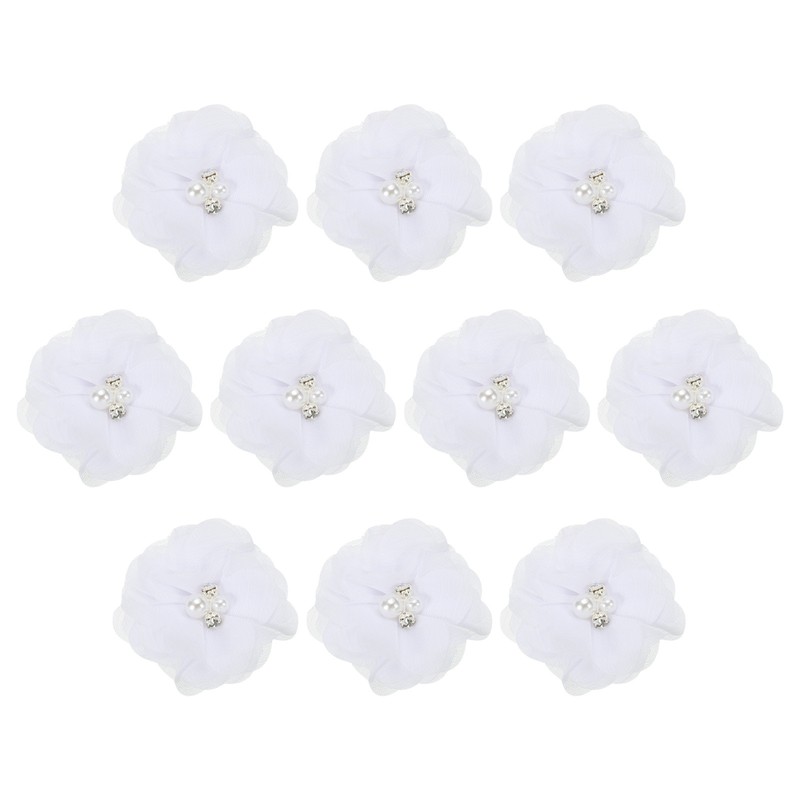10Pcs 2" Chiffon Flowers with Rhinestone Pearl Appliques Embellishments White