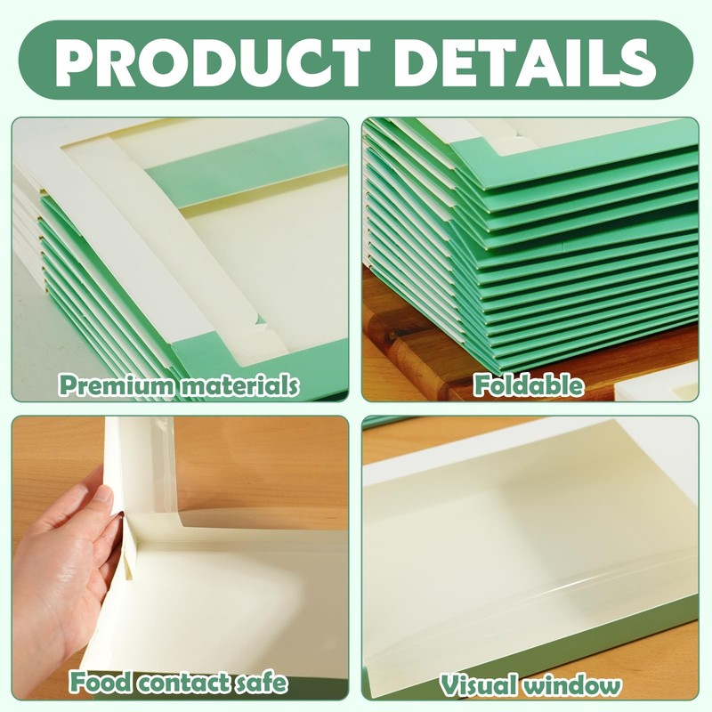30 PCS 9.5x5.3x1.4 Inch Green Cookie Box With Window Pastry Treat Box Set gallery