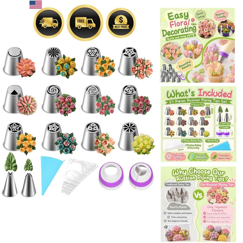 27 Pieces Russian Piping Tips Set | 12 Icing Tips, 10 Pastry Baking Bags, 2 L…