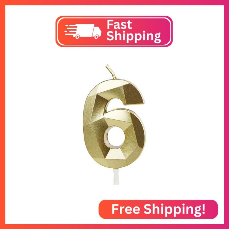 Number 6 Candles,6th Birthday Candles,Gold Happy Birthday Candle for Cake,3D Des