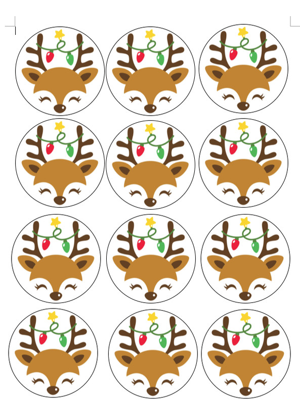 Set of 12 cute reindeer face edible paper, cupcake cookie toppers, PRE CUT