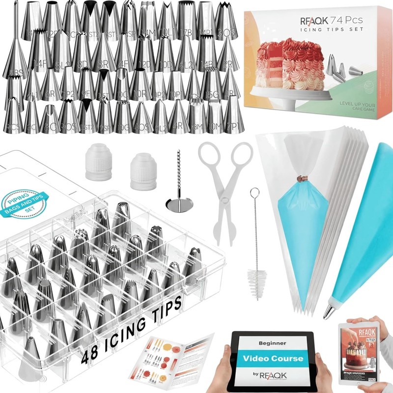 74 PCs Icing Piping Bags and Tips Set, Cake Decorating Kit with 48-Numbered P…