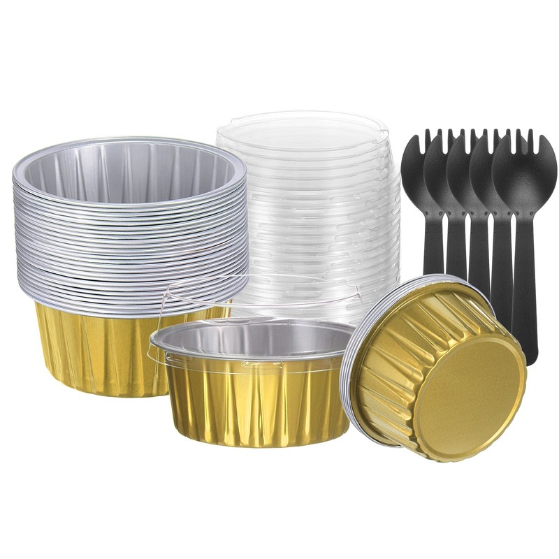 50pcs Cupcake Liners 5oz Aluminum Foil Baking Cups with Lids Forks, Golden