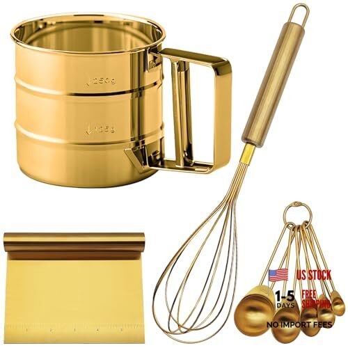Gold Flour Sifter Baking Tool Set, Stainless Steel 4-Piece Kit with 10″