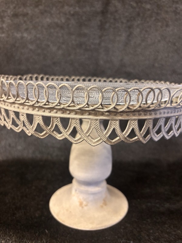 VINTAGE DESIGN METAL WIRE PEDESTAL CAKE STAND With GLASS PLATE 10.5” X 7 3/4” gallery