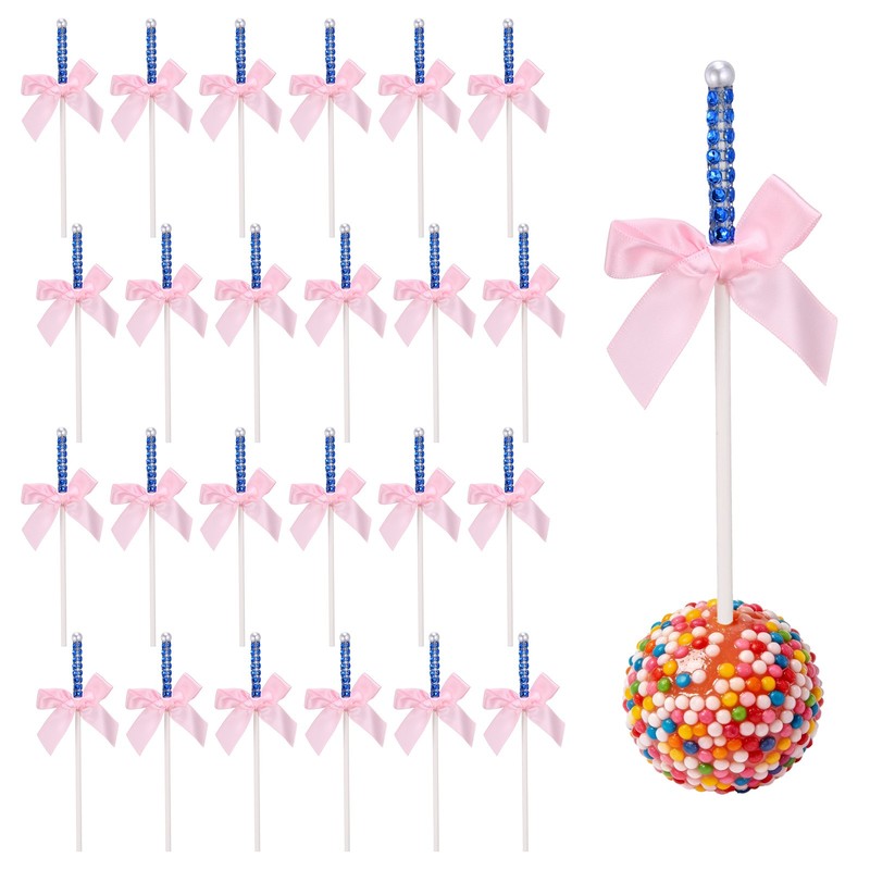 24PCS Bling Rhinestone Cake Sticks Bow Lollipop Cake Toppers Pick Blue