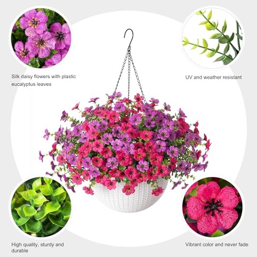 Artificial Fake Hanging Flowers Plants Basket for Outdoor Purplehotpink gallery