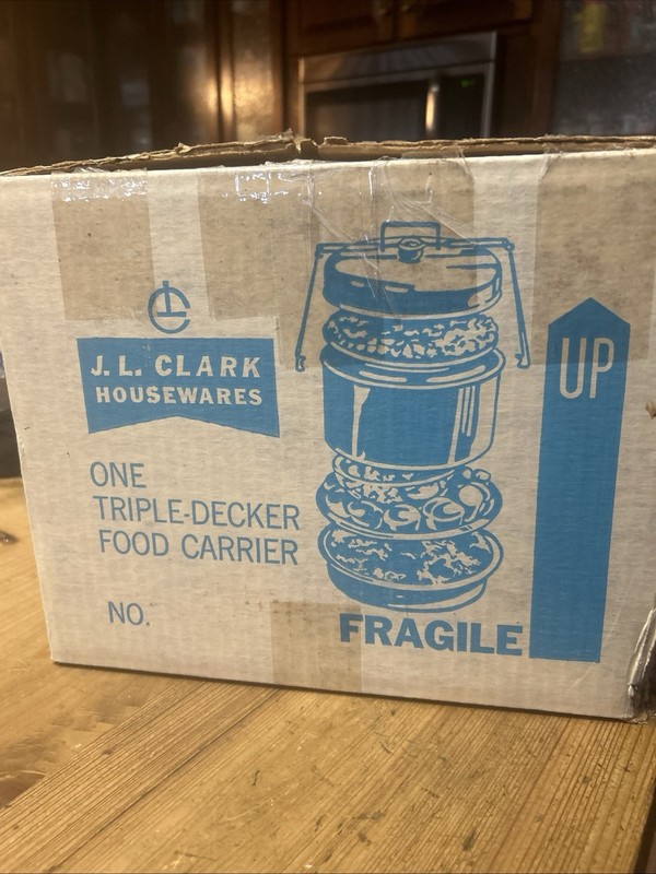 70s MCM Triple Decker Food Carrier J.L CLARK Harvest Gold In Original Box NEW!