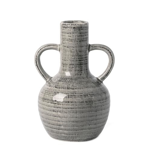 Ceramic Vase for Home Decor, 8.1” Rustic Grey Vases for Flowers, Gray