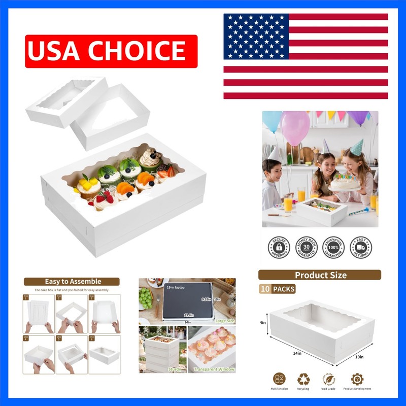 10pcs 14x10x4in Sheet Cake Boxes White Rectangle Bakery Boxes with Window, fo…