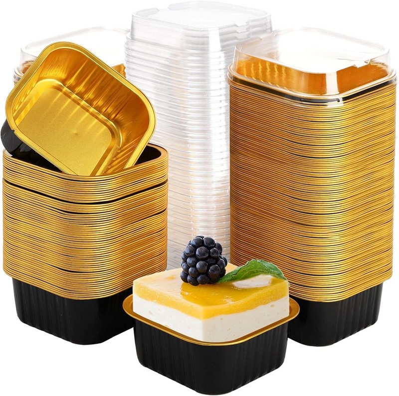 100 Pcs Mini Cake Pans with Lids, 5.7 oz Aluminum Foil Square Baking Cups,