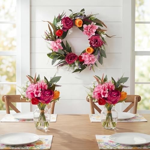 Faux Peony Spring Summer Wreath and Bouquets Set, Realistic 18in Pink
