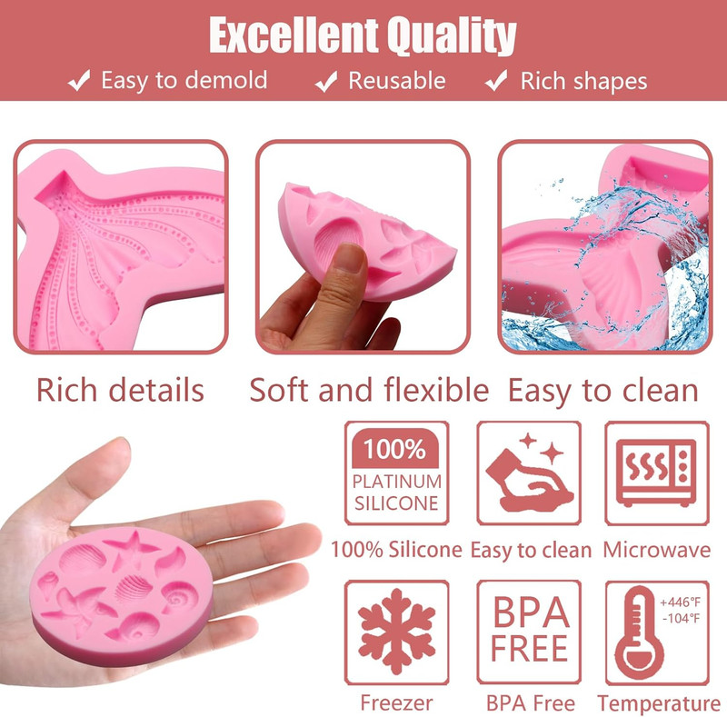 Marine Theme Fondant Molds 4 Pcs, Mermaid Tail Seashell Conch Starfish Baking Ch gallery