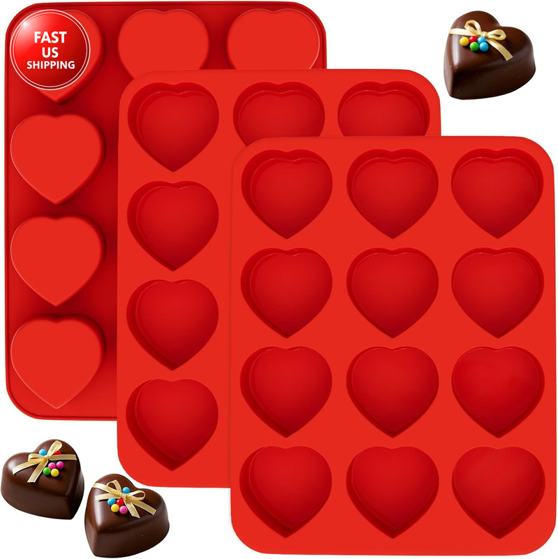 3 Pieces Heart Silicone Molds 12 Cavities Non-Stick Silicone Heart Shaped Chocol
