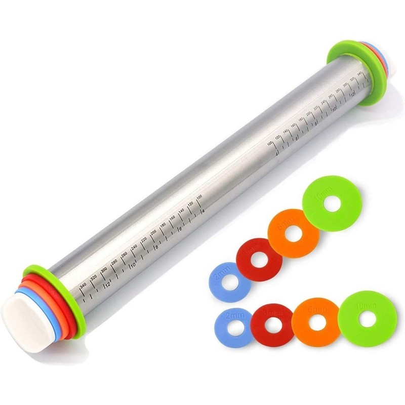 Adjustable Rolling Pin with Thickness Rings for Baking,17″ Stainless Steel Dough