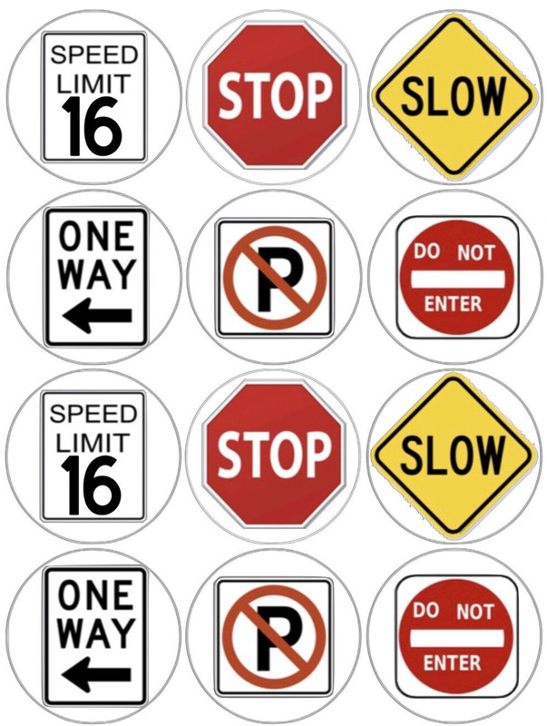 12 traffic signs edible paper, cupcake cookie toppers CHOOSE YOUR SIZE pre cut