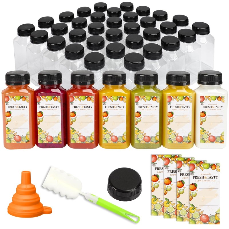 TOMNK 45pcs 8oz Plastic Juice Bottles with Black Caps Empty Reusable Clear Bo…