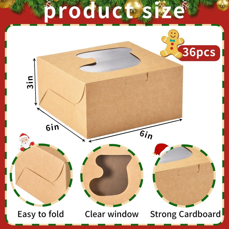 36 Pack Christmas Cookie Boxes for Gift Giving, 6x6x3 Inch Brown Bakery Box W... gallery