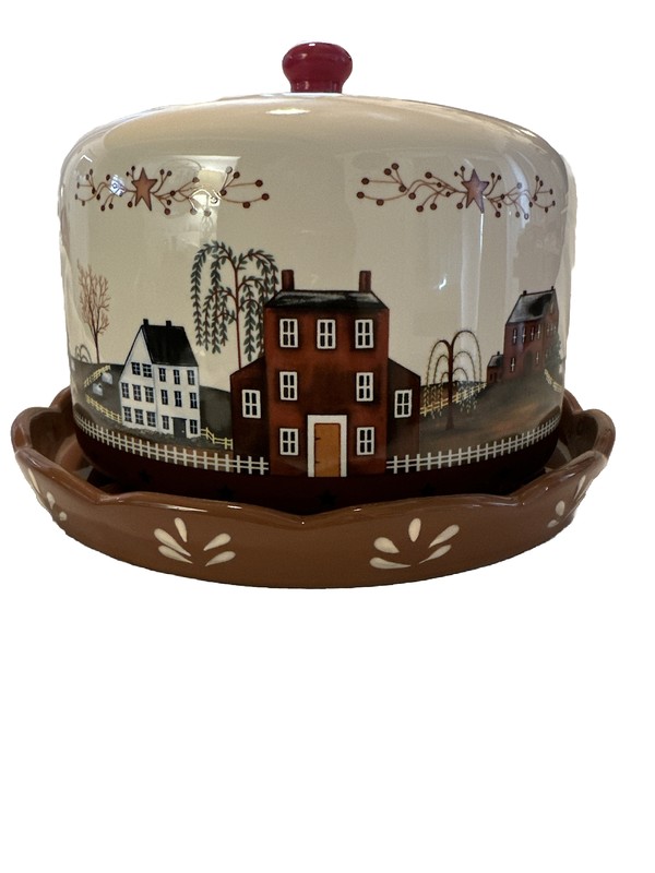 Vintage Ceramic Cake or Cheese Cover & Platter, houses/country/farms/Sheep/Fall gallery