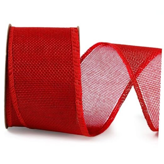 Burlap Wired Ribbon, 2.5 Inch x 12 Yards Burlap Fabric Ribbon 2.5IN x 12Y Red