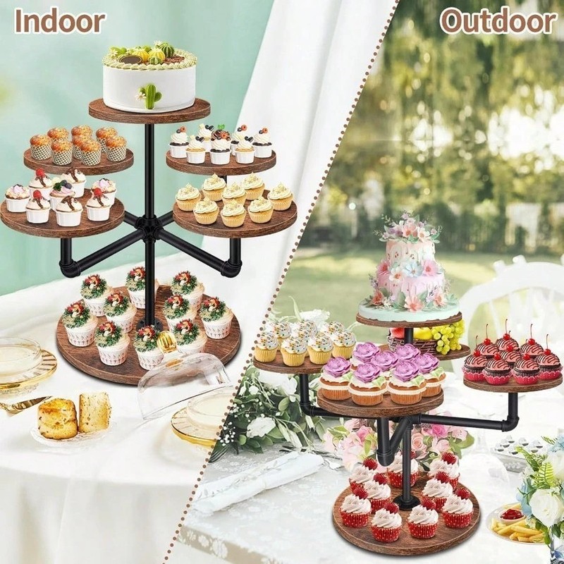 Rustic 3-Tier Cupcake Stand MDF Wood Metal Pipe Dessert Tower Party Display gallery