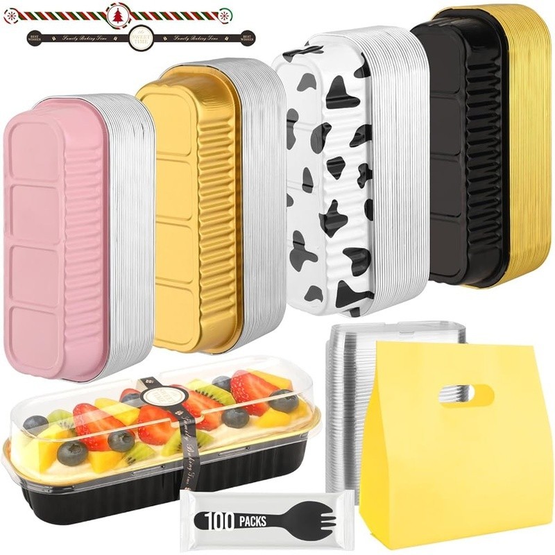 100pcs Mini Cake Pans W/ Lids Sporks Stickers Baking Gift Bags Party Supplies US gallery